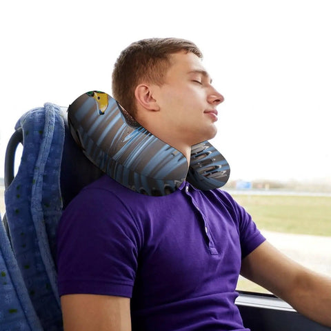 Person using Mallard Duck Travel Neck Pillow Ergonomic U Shape Memory Foam Pillow for Airplanes Trains Cars and Office Naps