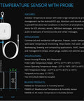 Diagram and features of Weatherproof Temperature Sensor With Probe For Fluid Air And Surface Monitoring Extreme High And Low Temps 1/4 Mile Range Hub Required Built Tough For Pools Tanks Fridges Freezers Milk Beer Wine Water And More, showing dimensions and specifications.
