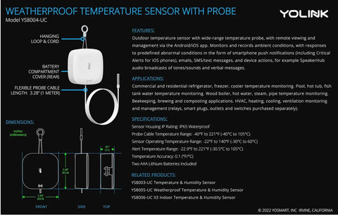 Diagram and features of Weatherproof Temperature Sensor With Probe For Fluid Air And Surface Monitoring Extreme High And Low Temps 1/4 Mile Range Hub Required Built Tough For Pools Tanks Fridges Freezers Milk Beer Wine Water And More, showing dimensions and specifications.