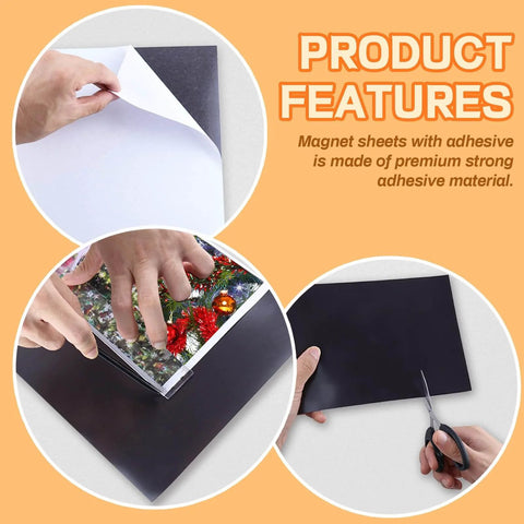 Magnetic Sheets 8.5 By 11 Inches, 20 Pack With Adhesive Backing for DIY crafts, shown with peeling, cutting, and applying examples