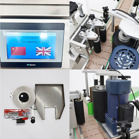 Automatic Round Bottle Labeling Machine Smooth Operator Belt Conveyor showing control panel and labeling mechanism.