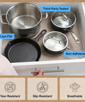 Pro Level Non Adhesive Cabinet Liner For Drawers And Shelves, Extra Grip Anti Slip Paper In Smooth Beige shown in drawer with pot and pan