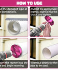 Steps for using Pro Grade Triple Inserts 4 Inch PVC Pipe Reamer Kit for Schedule 40 Piping with saw and drill.