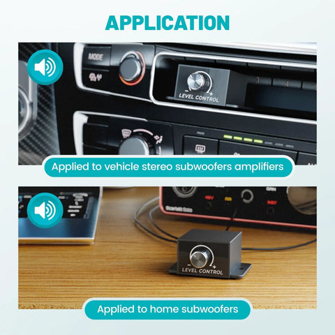 Universal Car Amplifier RCA Level Controller with bass control knob in vehicle and home stereo applications.
