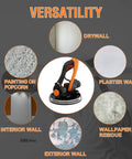 Built Tough Electric Drywall Sander With Full Vacuum Dust Collection, Handles Popcorn Ceilings Like A Champ, 6 Variable Speed Telescopic Wall Tool, Bright LED Light And 18 Sanding Discs Ready To Roll, versatile use on different wall types.