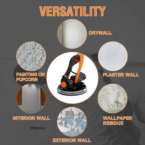 Built Tough Electric Drywall Sander With Full Vacuum Dust Collection, Handles Popcorn Ceilings Like A Champ, 6 Variable Speed Telescopic Wall Tool, Bright LED Light And 18 Sanding Discs Ready To Roll, versatile use on different wall types.