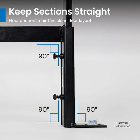Top Shelf Cable Runway Floor Anchor Kit Black Powder Coated Steel Heavy Duty Telecommunications Stabilizer showing 90 degree angles.
