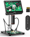 Autofocus 4K Digital Microscope EM4K-AF With AI Auto-Focus, 8 Inch Screen Soldering Microscope For PCB Nerds, Pro Grade Clarity, Fast TOF Sensor, Real-Time Viewing, High Resolution Magnification on PCB board with remote, SD card, and stand
