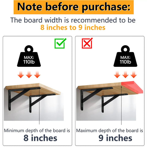 Diagram showing proper board width for Heavy Duty Shelf Brackets 8 Inch By 5 Inch Wall Mount L Shaped Steel Brackets for Floating Shelves.