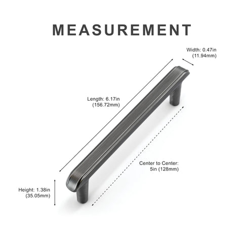 Weathered Nickel Cabinet Pulls, 5 Inch Length, 128mm Screw Spacing, 10 Pack, dimensions labeled for modern hardware.
