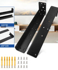 Heavy Duty Metal Shelf Brackets For Wall Mounting shown with screws and anchors, 320x80 and 230x100 sizes, black finish.