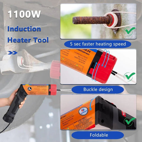 Garage Ready Shop Rated Flameless Induction Heater 1100W With Eight Interchangeable Coils And Rugged Tote showcased with features.