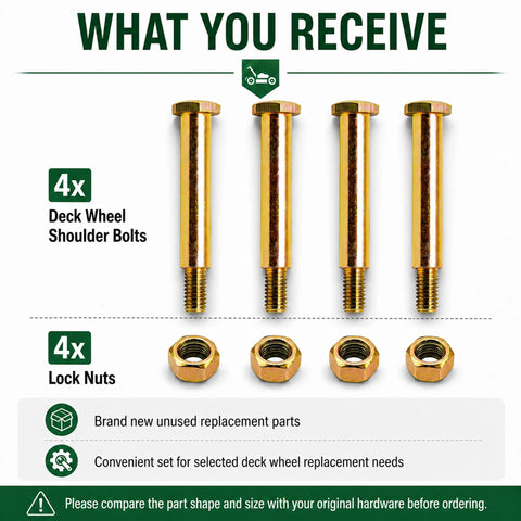 4 deck wheel shoulder bolts and 4 lock nuts for Quick Fix No Sweat Heavy Duty Deck Wheel Shoulder Bolts With Lock Nuts Solid Lawn Mower Repair Replaces 193406 137644 Fits Cub Cadet And Walk Behind Mowers.