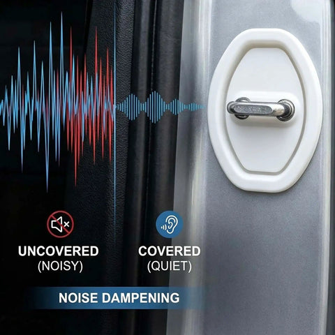 Pack Of Four White Silicone Car Door Latch Covers Quiets Your Whip With Rubber Striker Pads Self Adhesive Anti Rust Guards For Smooth Daily Driver Vibes displayed on a car door with noise comparison.