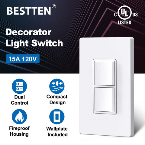 Double Rocker Light Switch In Wall Dual Decorator, UL Listed, 15A 120-277V, Space Saving Design With Included Decor Wall Plate, White Finish, Two Switches For Separate Light Control, white dual rocker switch