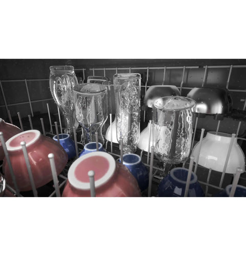 Hella Quiet And Super Spacious Top Control Dishwasher With Plastic Interior And Dry Boost featuring clean glasses and bowls in third rack.