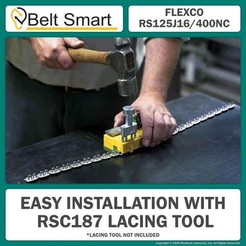 Professional Alligator Rubber Conveyor Belt Staple Fastener Splice Kit installation with RSC187 lacing tool and hammer.