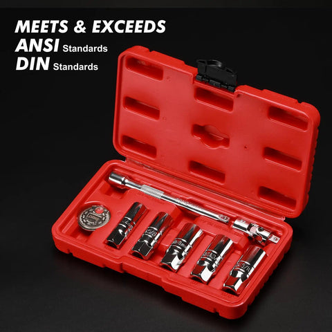Three Eighth Inch Drive Spark Plug Socket Set With Extension Bar Six Point Universal Joint And Spark Plug Gapper Eight Piece Beefy Heavy Duty Chrome Vanadium Steel With Laser Etched Sizes in red case