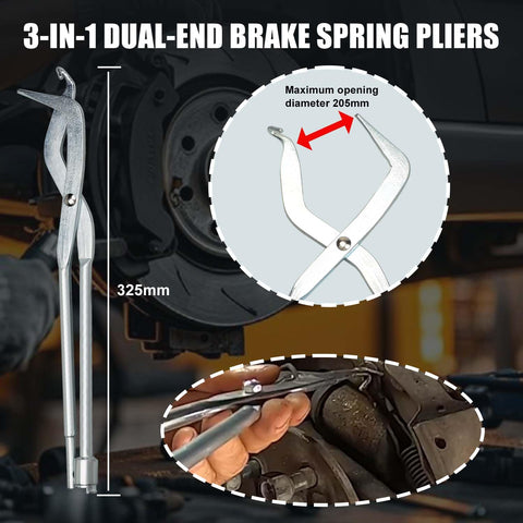 3-in-1 dual-end brake spring pliers, part of the 16Piece Drum Brake Tool Kit Pro Grade with spring installer and remover