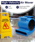Powerful 1HP 4000+ CFM 3-Speed Air Mover Floor Blower next to wet floor sign in use