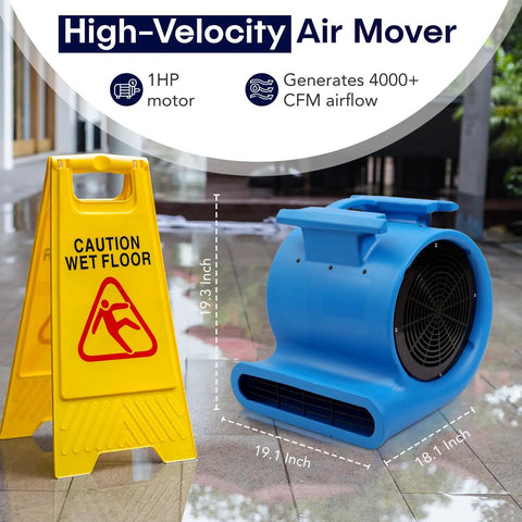 Powerful 1HP 4000+ CFM 3-Speed Air Mover Floor Blower next to wet floor sign in use