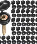 Heavy Duty Black Plastic Hinged Screw Cap Covers For 6 And 8 Hardware 150 Pack showcasing snap-on design protecting a screw head.