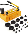 15 Ton Hydraulic Knockout Punch Kit with 10 Punches and Dies, Step Drill Bit, Carrying Case, and Accessories displayed on a white background