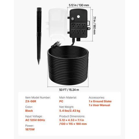 Heavy Duty Weatherproof Outdoor Power Stake With 50 Ft Extension Cord Six Sturdy Outlets, black color with stakes for easy setup.