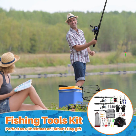 Man fishing with Two Piece Telescopic Fishing Rod And Reel Combo With Preloaded Spinning Reels; fishing gear displayed in inset.