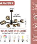 Diagram of Eight-Light Glass Globe Sputnik Chandelier Matte Black And Gold Dope Modern Vintage Pendant Light For Dining Room with dimensions.