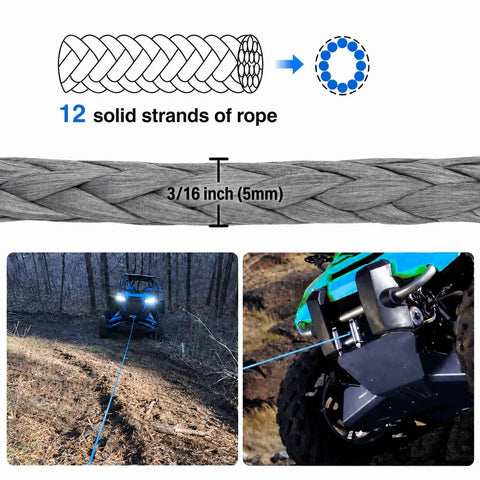 Upgrade Your Winch With Three Sixteenth Inch By Fifty Foot Gray Synthetic Winch Rope Made From Ultra High Molecular Weight Polyethylene, Minimal Stretch, Non Rotation, UV And Chemical Resistant, Aluminum Hawse Fairlead Compatible; 3/16 in gray rope on ATV winch