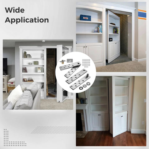 Wide application of Two Pack Sturdy Door Pivot Hinges Heavy Duty Stainless Steel Hidden Hinges for Murphy Doors and Secret Bookshelf Systems shown in various installations.