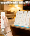 4 Port Wii Remote Charging Dock With LED Indicator showing 4 Wii controllers charging in a living room setting.