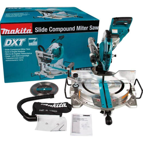Makita LS1019L 10-inch dual-bevel sliding compound miter saw with laser, turquoise color, front view