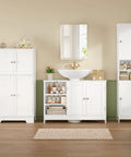 Top Notch White Pedestal Sink Cabinet With Double Doors And Adjustable Shelving Features A U Shape Cutout To Handle Plumbing Pipes No Sweat, freestanding vanity with under sink storage.
