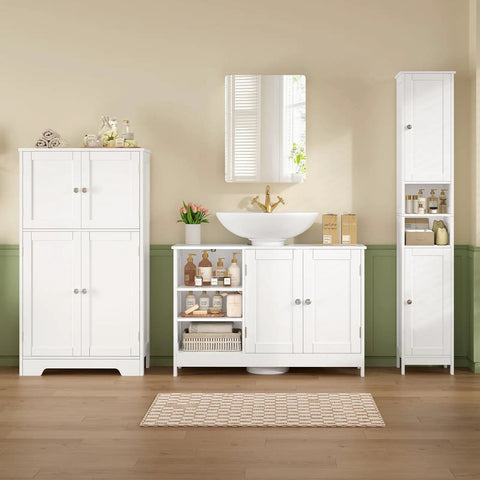 Top Notch White Pedestal Sink Cabinet With Double Doors And Adjustable Shelving Features A U Shape Cutout To Handle Plumbing Pipes No Sweat, freestanding vanity with under sink storage.