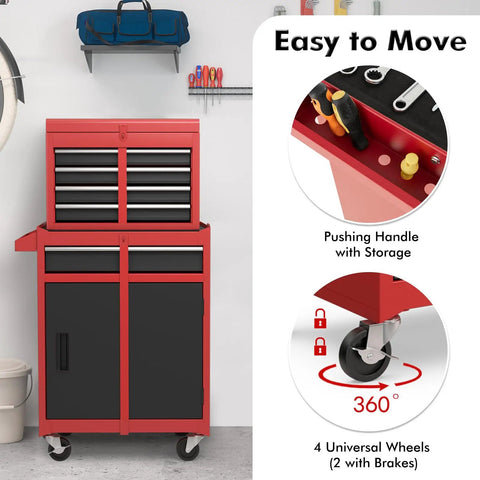 Rolling Tool Chest With Five Drawers, Lockable Wheels, Sliding Drawers, Detachable Top, And Adjustable Shelf, Pro Grade Garage Workshop Storage Cabinet In Red And Black