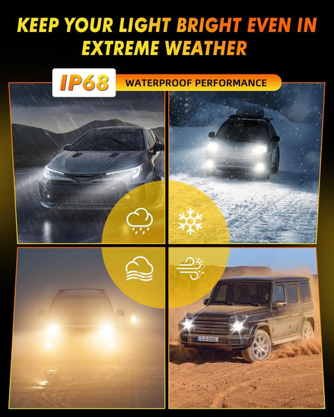 H7 Fog Light Bulbs Pack of 2 demonstrating waterproof performance in rain, snow, fog, and sandstorm conditions