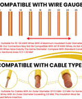 Compatibility chart for Heavy Duty 62 Piece Solderless Wire Tap Connector Kit featuring five snap sizes for various wire gauges.