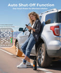 Person using Portable Tire Inflator Air Compressor With Digital Pressure Gauge Auto Shutoff 160 Psi next to SUV on road