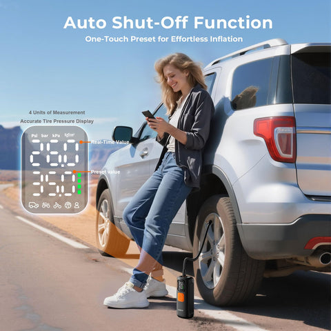 Person using Portable Tire Inflator Air Compressor With Digital Pressure Gauge Auto Shutoff 160 Psi next to SUV on road