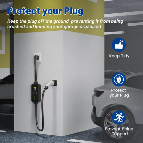 Built Tough SAE J1772 EV Charger Holder And Nozzle Holster Dock Wall Mount For Electric Vehicle Cable Hanger in garage.