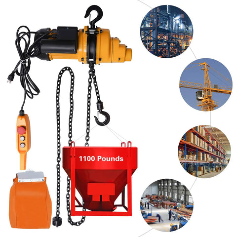 Shop Ready 1300W Electric Chain Hoist Hauls 1100 Pounds Without Breaking A Sweat Featuring IP55 Aluminum Housing And Wired Pendant Control For Cranking Massive Rig Loads Smoothly, showing hoist with control pendant and load.