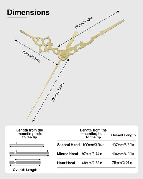 Dimensional diagram of Antique Gold Clock Hands Set Eight Piece For Thick Shaft Movements showing hand lengths.