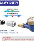 Inline 1-inch NPT spring check valve with blue body and brass fittings, pressure gauge attached