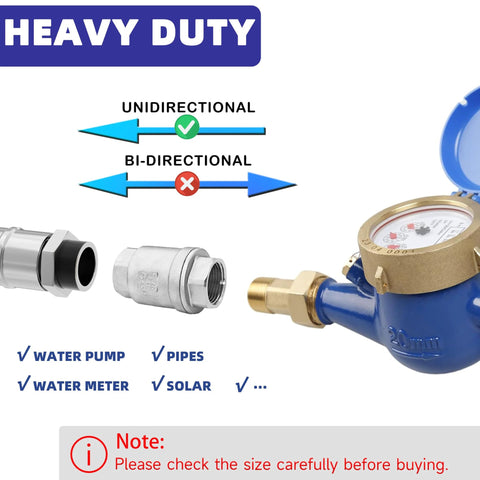 Inline 1-inch NPT spring check valve with blue body and brass fittings, pressure gauge attached