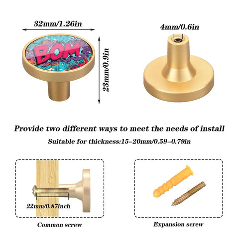 Dope Comic Colors Cabinet Knobs 4 Pack Stylish Drawer Pulls with installation sizes and features displayed.