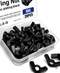 28 Piece M6 Metric Wing Nuts Assortment Kit With Slick Black Zinc Plated Butterfly Hardware For Top Shelf Workshop Upgrades And Zero Hassle Repairs In A Tough Carry Tray in a clear tackle box.