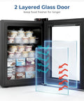 Solid Mini Upright Freezer Countertop Model With 2.2 Cubic Feet Span with double pane glass door and ice cream containers inside.