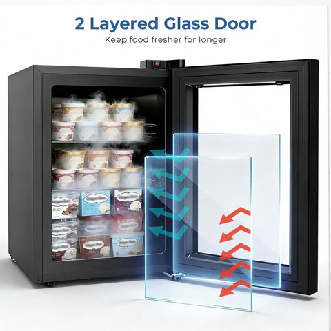 Solid Mini Upright Freezer Countertop Model With 2.2 Cubic Feet Span with double pane glass door and ice cream containers inside.